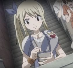 Rule 34 | 1girl, 2boys, black eyes, blonde hair, blue ribbon, blush, breasts, cleavage, cleavage cutout, clothing cutout, fairy tail, hair ornament, large breasts, long hair, lucy heartfilia, multiple boys, notebook, open mouth, pen, ponytail, ribbon, screaming, screencap, smile, stairs