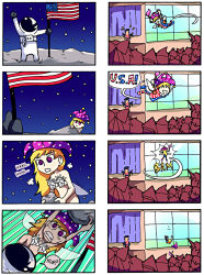 Rule 34 | 4koma, 6+girls, @ @, ^ ^, ^o^, american flag, arm up, astronaut, blonde hair, censored, censored nipples, character request, closed eyes, clownpiece, comic, commentary, english text, closed eyes, fairy wings, falling, flying, hair ribbon, hat, horns, hoshiguma yuugi, jester cap, junko (touhou), moon, multiple 4koma, multiple girls, novelty censor, nude, on moon, pantyhose, purple eyes, ribbon, rock, setz, single horn, stage curtains, star (sky), statue of liberty, the onion, torch, touhou, wings