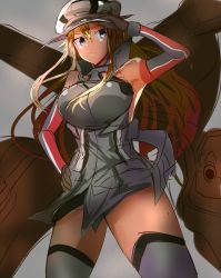 Rule 34 | 10s, 1girl, armpits, bad id, bad pixiv id, bare shoulders, bismarck (kancolle), blonde hair, blue eyes, breasts, detached sleeves, dress, female focus, grey dress, grey thighhighs, hand on own hip, hat, highres, hizagawa rau, kantai collection, large breasts, long hair, looking at viewer, military, military uniform, solo, thighhighs, thighs, uniform, very long hair, zettai ryouiki
