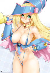 Rule 34 | 1girl, areola slip, arrow (symbol), bare shoulders, blonde hair, blush, blush stickers, breasts, covered erect nipples, dark magician girl, duel monster, female focus, gradient background, green eyes, janong, large breasts, light smile, long hair, looking at viewer, slingshot swimsuit, smile, solo, swimsuit, thighs, yu-gi-oh!