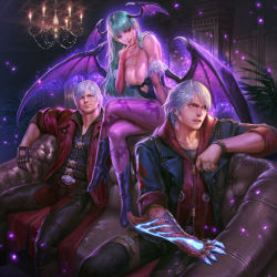 Rule 34 | 1girl, 2boys, animal print, aqua hair, aura, bat print, blush, breasts, capcom, chandelier, claws, cleavage, company connection, couch, crossover, dante (devil may cry), demon girl, devil may cry (series), embarrassed, energy, finger to mouth, fur trim, glowing, green hair, head wings, highres, jacket, jewelry, crossed legs, looking at another, morrigan aensland, multiple boys, nero (devil may cry), official art, pantyhose, ring, short hair, silver hair, sitting, smile, demon girl, teppen, vampire (game), wings, zipper