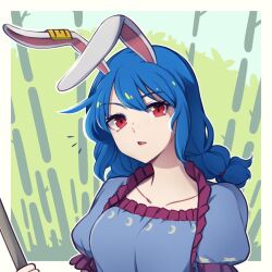 Rule 34 | 1girl, animal ears, bamboo, blue hair, breasts, collarbone, commentary, english commentary, hair between eyes, long hair, looking at viewer, medium breasts, open mouth, outline, puffy short sleeves, puffy sleeves, rabbit ears, rabbit girl, red eyes, seiran (touhou), short sleeves, solo, speckticuls, touhou, triangle mouth, unfinished dream of all living ghost, white outline