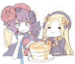 Rule 34 | 2girls, :t, = =, abigail williams (fate), black bow, black dress, black hat, blonde hair, blue eyes, bow, butter, closed eyes, closed mouth, commentary, dress, eating, fate/grand order, fate (series), food, food on face, forehead, fork, hair bow, hair ornament, hat, holding, holding fork, holding knife, katsushika hokusai (fate), knife, long hair, long sleeves, multiple girls, nanateru, orange bow, pancake, pancake stack, parted bangs, plate, purple hair, sleeves past fingers, sleeves past wrists, syrup, white background