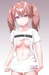 Rule 34 | 1girl, :o, alternate costume, breast conscious, brown hair, commentary request, empty eyes, flat chest, gradient background, hair between eyes, kantai collection, kirigakure (kirigakure tantei jimusho), long hair, parted lips, ryuujou (kancolle), shirt, shitty t-shirt naval base, short sleeves, simple background, solo, sugoi dekai, t-shirt, twintails, white shirt