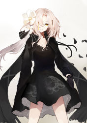 Rule 34 | 1girl, absurdres, arthur (aseo), aug (girls&#039; frontline), black dress, black gloves, black jacket, black ribbon, blonde hair, blood, bloody tears, breasts, cleavage, closed mouth, collarbone, colored blood, cropped jacket, dress, expressionless, flower, girls&#039; frontline, gloves, hair between eyes, hair flower, hair ornament, hair ribbon, head tilt, high heels, highres, holding, holding flower, jacket, leaning on object, long hair, looking at hands, medium breasts, mole, mole under eye, ribbon, sidelocks, solo, standing, white flower, white footwear, wind, yellow blood, yellow eyes