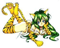 Rule 34 | 1girl, animal ears, animal print, blue hair, breasts, cat ears, cat tail, cleavage, elbow gloves, full body, gloves, green eyes, long hair, looking at viewer, lowres, paw shoes, shoes, smile, solo, tail, thighhighs, tiger print, transparent background, yasunaga oyama