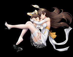 Rule 34 | 1girl, absurdres, amber (genshin impact), animal ears, black background, blush, breasts, brown eyes, brown hair, closed mouth, dress, elbow gloves, fake animal ears, feet up, from side, full body, garter straps, genshin impact, gloves, high heels, highres, hug, hug from behind, legs, long hair, looking at viewer, medium breasts, partially fingerless gloves, rabbit ears, sideboob, solo, t zhonglang, thighhighs, white dress, white gloves, white thighhighs