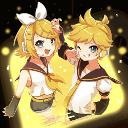 Rule 34 | 1boy, 1girl, absurdres, artist name, belt, black background, black sailor collar, black shorts, black sleeves, blonde hair, blue eyes, bow, detached sleeves, hair bow, hair ornament, hairclip, hand up, headphones, highres, kagamine len, kagamine rin, microphone, neckerchief, necktie, one eye closed, open mouth, sailor collar, sassan x, shirt, short hair, short sleeves, shorts, signature, static, teeth, television, upper teeth only, vocaloid, white bow, white shirt, yellow belt, yellow nails, yellow neckerchief, yellow necktie