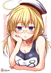 Rule 34 | 10s, 1girl, ahoge, blonde hair, blue eyes, blush, book, breasts, glasses, hat, i-8 (kancolle), kantai collection, large breasts, long hair, looking at viewer, one-piece swimsuit, red-framed eyewear, school swimsuit, sketch, solo, swimsuit, translation request, yua (checkmate)