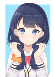 Rule 34 | 10s, 1girl, bad id, bad pixiv id, blue background, blue eyes, blue hair, blush, bow, cardigan, closed mouth, collared shirt, commentary request, dress shirt, gridman universe, hands up, head tilt, highres, long hair, long sleeves, orange scrunchie, red bow, scrunchie, seventeen (st17215), shirt, solo, ssss.gridman, takarada rikka, two-tone background, upper body, white background, white cardigan, white shirt, wrist scrunchie