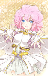 Rule 34 | 1girl, :d, blue eyes, breasts, capelet, cowboy shot, dress, fingerless gloves, gloves, hair between eyes, kuroda akimi, looking at viewer, medium breasts, open mouth, outstretched arms, pink hair, rance (series), reaching, reaching towards viewer, see-through, short hair, sill plain, smile, solo, star (symbol), starry background, thigh gap, thighs, white capelet, white dress, white gloves