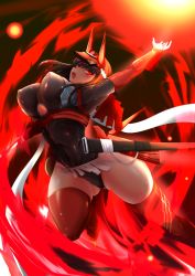 Rule 34 | 1girl, alternate breast size, arm up, black hair, bodysuit, boots, breasts, bright pupils, commentary request, doujigiri yasutsuna, fang, headgear, hijiki senpai, large breasts, open hand, open mouth, red eyes, red footwear, red theme, red thighhighs, scabbard, sheath, short hair, sideways mouth, solo, tagme, tenka hyakken, thigh boots, thighhighs, thighs