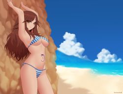 Rule 34 | 1girl, arms up, artist name, beach, bikini, blue sky, breasts, brown eyes, brown hair, cloud, commentary, commission, day, eyes visible through hair, kuroonehalf, long hair, looking at viewer, medium breasts, navel, o-ring, o-ring top, original, outdoors, rock, sky, smile, solo, stomach tattoo, striped bikini, striped clothes, swimsuit, tattoo