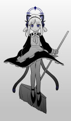 Rule 34 | 1girl, absurdres, ao (blue archive), apron, blue archive, blue eyes, blue halo, cat tail, closed mouth, dress, full body, gradient background, halo, highres, long sleeves, looking at viewer, maid, maid apron, maid headdress, multiple tails, okashi (0kashl poke), ringed eyes, shoes, short hair, solo, spot color, tail, two tails