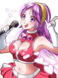 Rule 34 | 1girl, absurdres, arm up, armpits, asamiya athena, belt, breasts, cleavage, cleavage cutout, clothing cutout, gloves, hairband, heart, heart cutout, highres, jewelry, large breasts, long hair, looking at viewer, microphone, midriff, music, navel, open mouth, purple eyes, purple hair, salute, singing, skirt, sleeveless, smile, snk, solo, the king of fighters, the king of fighters 2003