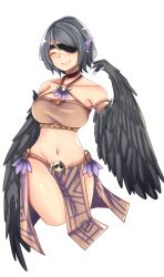 Rule 34 | 1girl, antonina (corruption of champions), artist request, bare shoulders, black feathers, black hair, black wings, blush, breasts, claws, closed eyes, collarbone, corruption of champions 2, eyepatch, feathers, groin, hands on own hips, harpy, medium breasts, midriff, monster girl, navel, official art, one eye covered, short hair, smile, solo, transparent background, winged arms, wings