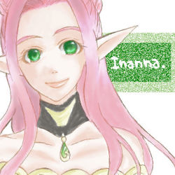 Rule 34 | 1girl, alfa system, bare shoulders, character name, choker, green eyes, inanna, long hair, lowres, pink hair, pointy ears, smile, tales of (series), tales of innocence