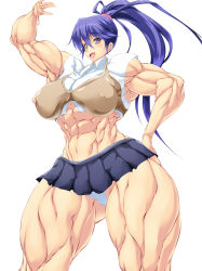 Rule 34 | 1girl, blue eyes, blue hair, breasts, extreme muscles, female focus, matching hair/eyes, muscular, original, ponytail, purukogi (plasma beach), solo, thick thighs, thighs
