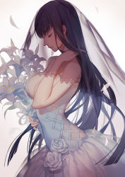 Rule 34 | 10s, 1girl, adjusting hair, ask (askzy), bare shoulders, black hair, bouquet, breasts, cleavage, dress, closed eyes, flower, from side, hand in own hair, holding, kill la kill, kiryuuin satsuki, large breasts, lily (flower), long hair, petals, profile, rose, see-through, solo, veil, very long hair, wedding dress, white background, white flower, white rose