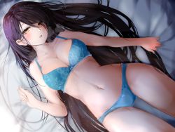 Rule 34 | 1girl, :o, bad id, bad pixiv id, bare arms, bed, bed sheet, bedroom, black hair, blue bow, blue bra, blue panties, blush, bow, bow bra, bow panties, bra, breasts, cleavage, clenched hand, collarbone, from above, hair between eyes, hair over one eye, indoors, lace, lace-trimmed bra, lace trim, light particles, long hair, looking at viewer, medium breasts, navel, on bed, open mouth, orange eyes, original, panties, raru (nanaharararu), sheet grab, solo, underwear, underwear only, very long hair