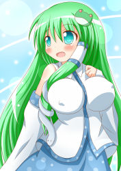 Rule 34 | 1girl, blush, breasts, covered erect nipples, detached sleeves, female focus, frog hair ornament, green eyes, green hair, hair ornament, hair tubes, highres, huge breasts, kochiya sanae, long hair, matching hair/eyes, open mouth, skirt, smile, snake, solo, touhou, xenon (for achieve)