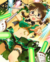Rule 34 | 10s, 1girl, :d, akizuki ritsuko, blush, bow, braid, breasts, brown hair, cleavage, crop top, glasses, idolmaster, idolmaster (classic), idolmaster cinderella girls, microphone, midriff, navel, official art, open mouth, pointing, skirt, smile, solo, twin braids
