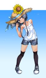 Rule 34 | 1girl, absurdres, alternate costume, black hair, black thighhighs, blue background, blue footwear, blue shorts, brown eyes, brown hat, camisole, cutoffs, denim, denim shorts, flower, full body, gradient background, hat, hat flower, highres, kantai collection, leaning to the side, looking at viewer, narumiya (narumiya), open mouth, shoes, short hair, short hair with long locks, shorts, sneakers, solo, straw hat, sun hat, sunflower, thighhighs, tokitsukaze (kancolle), white camisole