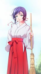 Rule 34 | 10s, 1girl, absurdres, bamboo broom, blush, broom, green eyes, hakama, hakama skirt, highres, holding, holding broom, japanese clothes, looking at viewer, love live!, love live! school idol festival, love live! school idol project, messy hair, miko, miura-n315, parted lips, purple hair, skirt, smile, solo, tojo nozomi, watermark, web address, wide sleeves