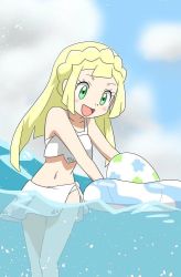 Rule 34 | 1girl, :d, artist request, bare arms, bare legs, bare shoulders, bikini, bikini skirt, blonde hair, blue sky, blunt bangs, blush, braid, cloud, collarbone, creatures (company), day, egg, floating, french braid, game freak, green eyes, innertube, lillie (pokemon), long hair, navel, nintendo, ocean, one-piece swimsuit, open mouth, outdoors, partially submerged, pokemon, pokemon (anime), pokemon sm, pokemon sm (anime), sidelocks, sky, smile, solo, source request, swim ring, swimsuit, water, white bikini, white one-piece swimsuit