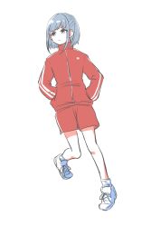 Rule 34 | 1girl, absurdres, blunt bangs, closed mouth, collared jacket, dutch angle, foot up, full body, grey eyes, grey hair, gym shorts, hands in pockets, highres, idoly pride, jacket, kana (idoly pride), kinokko (kinokkoooo), legs apart, long bangs, long sleeves, looking to the side, red jacket, red shorts, shoes, short hair, shorts, sidelocks, simple background, sneakers, solo, striped clothes, striped jacket, track jacket, white background, white footwear, zipper