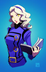 Rule 34 | 1girl, blue background, book, curly hair, hairband, kawoxd, lipstick, makeup, margaret, persona, persona 4, red lips, silver hair, solo, yellow eyes