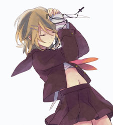 Rule 34 | 1girl, akiyoshi (tama-pete), bandages, blonde hair, cowboy shot, dutch angle, expressionless, closed eyes, fingernails, frown, hair ornament, hairclip, hands on own face, holding, holding knife, interlocked fingers, jacket, jewelry, kagamine rin, knife, nail polish, navel, necklace, open clothes, open jacket, own hands together, red ribbon, ribbon, rosary, school uniform, serafuku, short hair, simple background, skirt, solo, thighs, upper body, vocaloid, weapon, white background, yellow nails
