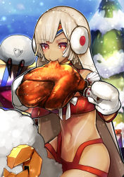 Rule 34 | 1girl, altera (fate), altera the santa (fate), bare shoulders, blue sky, blush, box, breasts, bright pupils, chicken (food), choker, christmas, closed mouth, colored eyelashes, commentary request, dark-skinned female, dark skin, day, detached sleeves, earmuffs, eating, fate/grand order, fate (series), food, full-body tattoo, gift, gift box, half-closed eyes, hands up, highres, holding, holding food, long sleeves, looking down, mittens, navel, outdoors, parted bangs, red choker, red eyes, reirou (chokoonnpu), revealing clothes, riding, sheep, short hair, sky, small breasts, snow, snowing, stomach, straddling, tattoo, tree, veil, white hair, white mittens, white pupils