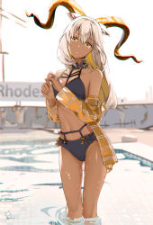 Rule 34 | 1girl, absurdres, animal ears, arknights, auguste, backlighting, bare shoulders, beeswax (arknights), bikini, black bikini, blonde hair, collarbone, colored inner hair, commentary request, dark-skinned female, dark skin, day, feet out of frame, gluteal fold, goat ears, goat horns, highres, horns, long hair, long sleeves, looking at viewer, multicolored hair, navel, off shoulder, open clothes, open shirt, orange shirt, outdoors, parted lips, plaid, plaid shirt, pool, shirt, silver hair, smile, solo, standing, swimsuit, two-tone hair, wading, water, wet, yellow eyes