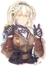 Rule 34 | 1girl, black gloves, blonde hair, blush, breasts, cape, choker, cropped torso, flower, girls&#039; frontline, gloves, hair between eyes, hair flower, hair ornament, hairband, hexagram, highres, holding, long hair, looking at viewer, mmmn540d88, sidelocks, simple background, solo, star of david, white background, x95 (girls&#039; frontline), yellow eyes