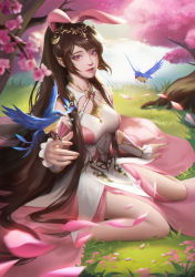 Rule 34 | 1girl, absurdres, animal ears, bare legs, bird, bird on hand, blue bird, breasts, brown hair, douluo dalu, dress, falling petals, flying, from above, grass, hair ornament, highres, long hair, medium breasts, no 86, petals, pink dress, rabbit ears, sitting, smile, solo, sparkle, water, xiao wu (douluo dalu)