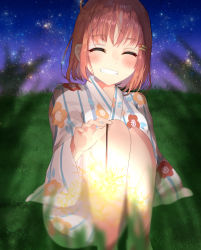 Rule 34 | 1girl, artist name, artist request, bare legs, blue sky, blurry, blush, braid, breasts, closed eyes, cloud, depth of field, female focus, fireworks, floral print, flower print, hair ornament, hairclip, highres, holding, holding fireworks, japanese clothes, kimono, long sleeves, looking at viewer, love live!, love live! school idol festival, love live! school idol festival all stars, love live! sunshine!!, medium breasts, night, night sky, obi, orange hair, outdoors, parted lips, sash, short hair, side braid, sitting, sky, smile, solo, star (sky), striped clothes, striped kimono, takami chika, teeth, vertical-striped clothes, vertical-striped kimono, white kimono