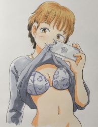Rule 34 | 1girl, blush, bra, breasts, brown eyes, brown hair, cellphone, cleavage, clothes lift, floral print, grey shirt, highres, holding, iphone, jewelry, long sleeves, looking at viewer, marup, medium breasts, mouth hold, necklace, phone, print bra, shirt, shirt lift, short hair, smartphone, standing, underwear, upper body, white background, white bra