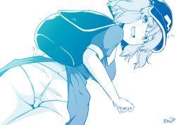 Rule 34 | 1girl, accidental exposure, ass, backpack, bag, blue theme, blush, breasts, butt crack, clothes lift, commentary request, cowboy shot, dutch angle, flat cap, from behind, hair bobbles, hair ornament, hat, highres, kagiyama shachou, kawashiro nitori, large breasts, looking at viewer, looking back, medium hair, monochrome, open mouth, panties, shirt, sidelocks, simple background, skirt, skirt lift, solo, touhou, two side up, underwear