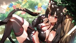 Rule 34 | 1girl, :o, animal ear fluff, animal ears, bare shoulders, black camisole, black hair, black skirt, black thighhighs, blush, breasts, camisole, cat ears, cat girl, cat tail, cleavage, collarbone, dappled sunlight, detached sleeves, dutch angle, flower, foot out of frame, grass, hair between eyes, heart, heart print, indie virtual youtuber, kasumi komo, lanfear, large breasts, long hair, long sleeves, looking at viewer, midriff, miniskirt, navel, neck ribbon, open mouth, orange eyes, outdoors, pleated skirt, red ribbon, ribbon, sidelocks, sitting, skirt, sleeves past wrists, slit pupils, solo, strapless camisole, sunlight, tail, thighhighs, tree, under tree, virtual youtuber, vrchat