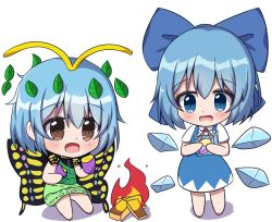 Rule 34 | 2girls, antennae, aqua hair, bad id, bad pixiv id, blue bow, blue dress, blue eyes, blue hair, blush, bow, brown eyes, butterfly wings, chaleu, chibi, cirno, detached wings, dress, eternity larva, fairy, fire, food, green dress, hair between eyes, hair bow, holding, holding food, holding vegetable, ice, ice cube, ice wings, insect wings, korean commentary, leaf, leaf on head, multicolored clothes, multicolored dress, multiple girls, open mouth, shirt, short hair, short sleeves, simple background, single strap, smile, sweet potato, touhou, vegetable, white background, white shirt, wings