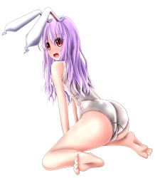 Rule 34 | 1girl, animal ears, bad anatomy, bad feet, barefoot, blush, evandragon, female focus, highres, long hair, one-piece swimsuit, open mouth, poorly drawn, purple hair, rabbit ears, red eyes, reisen udongein inaba, school swimsuit, solo, swimsuit, touhou, white one-piece swimsuit, white school swimsuit
