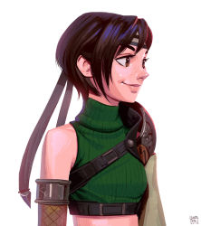 Rule 34 | 1girl, armor, artist name, black hair, breasts, brown eyes, chest strap, crop top, final fantasy, final fantasy vii, final fantasy vii remake, fishnet armwear, freckles, green shirt, headband, highres, leandro franci, looking to the side, midriff, portrait, shirt, short hair, shoulder armor, single bare shoulder, sleeveless, sleeveless turtleneck, small breasts, smile, solo, turtleneck, upper body, white background, yuffie kisaragi
