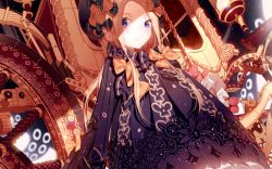 Rule 34 | 1girl, abigail williams (fate), atha (leejuiping), blonde hair, blue eyes, blush, bow, fate/grand order, fate (series), floral print, from below, gold trim, hair bow, hair ornament, highres, long hair, long sleeves, looking at viewer, looking down, orange bow, shadow, smile, solo