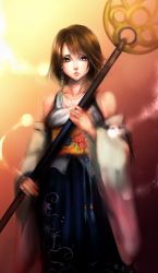 Rule 34 | 00s, 1girl, bare shoulders, blue eyes, blue hakama, breasts, brown hair, detached sleeves, dress, final fantasy, final fantasy x, green eyes, hair ornament, hakama, hakama skirt, heterochromia, japanese clothes, jewelry, necklace, parted lips, sasaki ryou, short hair, simple background, skirt, solo, staff, wand, yuna, yuna (ff10)