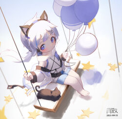 Rule 34 | 1girl, absurdres, animal ears, balloon, barefoot, black cat, blue hair, blue shorts, blush, cat, closed mouth, dated, fake animal ears, full body, grey hair, hair ornament, hairclip, highres, holding, holding balloon, long sleeves, multicolored hair, original, purple eyes, shorts, signature, simple background, sitting, solo, star (symbol), streaked hair, swing, tsukibara