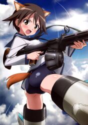 Rule 34 | 1girl, absurdres, aiming, angry, animal ears, artist name, ass, black hair, blue neckerchief, blue one-piece swimsuit, blue sailor collar, blue sky, blush, breasts, brown eyes, clothing cutout, cloud, contrail, copyright name, day, dog ears, dog girl, dog tail, drum magazine, finger on trigger, floating, flying, from side, groin tendon, gun, heavy machine gun, highres, holding, holding gun, holding weapon, legs apart, long sleeves, looking at viewer, looking back, looking to the side, machine gun, magazine (weapon), mecha musume, miyafuji yoshika, neckerchief, no pants, official art, one-piece swimsuit, open mouth, outdoors, parted bangs, sailor collar, school swimsuit, school uniform, serafuku, shiny clothes, shiny skin, shirt, short hair, sky, small breasts, solo, strike witches, striker unit, sweatdrop, swimsuit, swimsuit under clothes, tail, tail through clothes, takamura kazuhiro, type 99 cannon, v-shaped eyebrows, weapon, white shirt, world witches series
