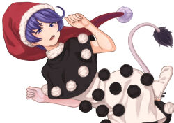 Rule 34 | 1girl, black capelet, capelet, commentary request, doremy sweet, dress, hat, kakone, looking at viewer, nightcap, open mouth, pom pom (clothes), purple eyes, purple hair, red hat, santa hat, short hair, simple background, solo, tail, tapir tail, teeth, touhou, upper teeth only, white background, white dress