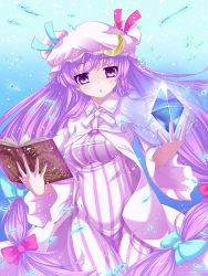 Rule 34 | 1girl, book, capelet, cloak, crescent, crescent moon, crystal, hair ribbon, hat, hexagram, highres, holding, holding book, long hair, miimu (nelreg3), mob cap, moon, open book, patchouli knowledge, purple eyes, purple hair, ribbon, solo, striped, touhou, tress ribbon, vertical stripes, very long hair, water, wide sleeves