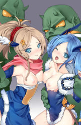 Rule 34 | 2girls, :p, ;o, asymmetrical docking, bad id, bad pixiv id, blonde hair, blue eyes, blue hair, blush, braid, breast press, breasts, breasts out, cowboy shot, drooling, fur trim, idunn &amp; idunna, long hair, looking at viewer, multiple girls, nipples, one eye closed, open mouth, puzzle &amp; dragons, saliva, shiny skin, short hair, sidelocks, size difference, standing, tama (tamatamo), tears, thighs, tongue, tongue out, twin braids, wink